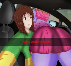 1boy 1girls 2022 adshtorm ass bete_noire brown_hair chara female glitchtale he_wants_to_order meme pink_highlights red_eyes straight tagme twitter undertale undertale_(series) undertale_au undertale_fanfiction