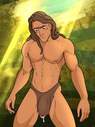 1boy bara blue_eyes blush brown_hair brown_loincloth brown_thong brown_underwear bulge cum cum_through_clothes cum_through_underwear cummytomato disney ejaculation ejaculation_under_clothes human human_only leaking_precum loincloth loincloth_only long_hair long_hair_male looking_at_penis looking_down male male_focus male_only muscles muscular muscular_male nipples penis precum precum_drip precum_through_clothing precum_through_underwear solo solo_focus solo_male standing tarzan_(1999_film) tarzan_(character) thong thong_only toned toned_body toned_male underwear underwear_only