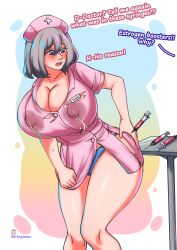 ass_expansion barely_contained beengineer blush breast_expansion bursting_breasts grey_hair huge_breasts inherentlysostrange lactating lactation lactation_without_expressing large_breasts leaking_milk nipple_bulge nurse nurse_cap purple_eyes surprised thick_thighs thigh_expansion