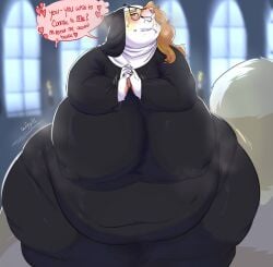 anthro big_breasts big_tail bite biting_lip blonde_hair bodily_fluids boxgoat breasts candle church clasped_hands dialogue eyewear female fur glasses hair half-closed_eyes heart hi_res huge_breasts looking_at_viewer mammal maple_(maplemash) musk narrowed_eyes nipple_outline nun obese overweight procyonid raccoon solo sweat white_body white_fur yellow_body yellow_fur