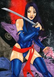 1girls betsy_braddock big_breasts curvaceous curvy_body curvy_female curvy_figure ed_benes_studio elizabeth_braddock female female_only holding_katana katana kwannon latex_gloves latex_thighhighs leotard long_hair looking_at_viewer mariah_benes marvel marvel_comics psylocke purple_hair signature solo solo_female straight_hair x-men