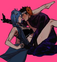 1boy1girl akatsuki_(naruto) barefoot black_hair blue_hair breasts dress feet feet_up fishnet_panties fishnet_top fishnets flower gloves hair_flower hair_ornament holding_hands jewelry konan labret_piercing legs legs_up lipeka looking_at_another mask mask_on_head nail_polish naruto naruto_(series) naruto_shippuden open_clothes open_dress orange_eyes orange_nails piercing ring short_hair sleeveless sleeveless_dress straight sweat tobi toenail_polish toenails toes uchiha_obito unmasked