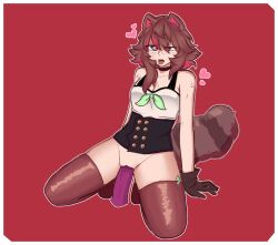 1girls animal_ears blush bottomless brown_hair cartoony dildo female female_only fluffy_tail gloves heart heart-shaped_pupils humanoid latam_virtual_youtuber owozu purple_dildo raccoon rakkun shaved_crotch solo stockings sweat tongue tongue_out virtual_youtuber vtuber vtuberfanart yukki_la_yuca