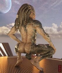 1boy 2022 3d 3d_(artwork) ass balls blender_(software) digital_media_(artwork) dreadlocks genitals hi_res humanoid looking_back male male_only nude outside predator_(franchise) presenting rear_view solo tagme ugnaughtsden uncensored yaoi yautja