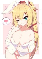 ;q akai_haato animal_ears areolae ass_visible_through_thighs bare_shoulders blonde_hair blush breasts chinese_commentary closed_mouth collarbone commentary_request covered_nipples cowboy_shot fake_animal_ears female fingernails green_eyes hair_ornament hair_ribbon hair_scrunchie hairband heart heart_hair_ornament highres hololive hololive_gen_1 hololive_japan long_hair long_sleeves looking_at_viewer medium_breasts nail_polish navel neps-l off_shoulder one_eye_closed panties pink_background pink_hairband pink_nails pink_panties ponytail rabbit_ears red_ribbon red_scrunchie ribbon scrunchie shirt side-tie_panties signature smile solo spoken_heart tongue tongue_out two-tone_background underwear very_long_hair virtual_youtuber white_background white_shirt