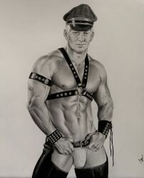 black_and_white brad_welch_art bulge daddy harness jockstrap leather leather_daddy looking_at_viewer male male_only muscles muscular muscular_male pencil_(artwork) sketch