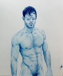 brad_welch_art hairy male male_focus male_only muscles muscular muscular_male pencil_(artwork) sketch sunglasses treasure_trail