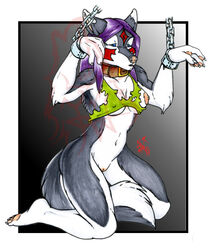 2009 anthro blackfrost blackfrost_(character) bondage breasts canine chains collar female fur furry kneeling nude pussy shackles simple_background solo torn_clothing wolf