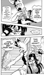 anthro bandage baseball_bat bat_(object) breasts canid canine clothed clothing comic cookie_(furryfight_chronicles) daigaijin dialogue dildo english_text female fox fur furryfight_chronicles group hair kalita_(furryfight_chronicles) lagomorph leporid mammal midriff muko rabbit rodent sciurid sex_toy shirt tank_top text topwear tree_squirrel