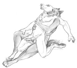 anthro balls black_and_white blackteagan canine canine_penis closed_eyes eyes from_behind frottage fur furry furry_only gay male monochrome nude penis sex wolf