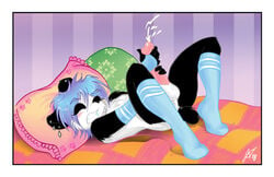 1boy balls bed blue_hair bo closed_eyes crossdressing cum girly heart j3t male male_only masturbation panda penis piercing socks solo