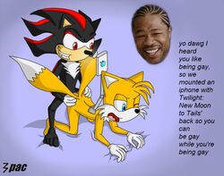 2boys anal anal_penetration anthro canine doggy_style duo english_text fox fur furry hedgehog human interspecies male male_only mammal meme multiple_males nude pimp_my_ride red_eyes sex shadow_the_hedgehog simple_background sonic_(series) tail tails text the_twilight_saga xzibit yaoi