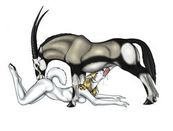 69 2009 animal antelope anthro_bestiality ass_up breasts chiro_ookami closed_eyes cum cunnilingus fellatio female feral grazing_antelope hooves horns interspecies licking male messy nude oral oral_sex oryx penis raised_tail sex sideboob straight suck tail tongue