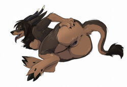 anthro anus ass big_ass breasts canine chubby claws closed_eyes color demon female fur furry hellhound hooves horns maim nude plump_labia presenting pussy raised_tail sideboob solo spreading tail tomboy tongue white_background