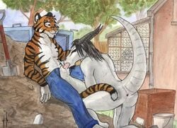 anthro color day dragon feline fellatio fur furry furry_only gay hufnaar male no_humans nude oral oral_sex outdoors scalie sex suck tiger work