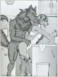 2009 anal anal_sex anthro balls bottomless breasts canine closed_eyes cum cum_inside feathers female from_behind fur furry glowing_eyes grope jaleo kitchen male necklace nude pants pants_down penetration penis raised_tail sex shirt_lift sideboob skull straight tail undressing werewolf