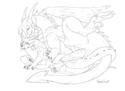 2009 anus clitoris closed_eyes dragon female feral horns licking male mandarax necrodrone on_side penetration penis plump_labia pussy ridiculous_fit scalie sex size_difference sketch straight tongue vaginal_penetration wings