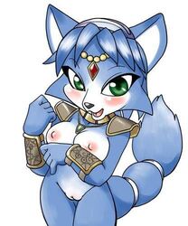 anthro blue_hair bracelet breasts canine chibi circlet female fox fur furry hair jewelry krystal necklace nintendo nude pauldrons pussy short_hair shoulder_guards solo star_fox tail tail_band tojyo unconvincing_armor video_games