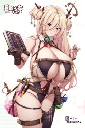 alchemist blonde_hair blue_eyes book cleavage curvy female gigantic_breasts grimoire hair_ornament huge_breasts long_hair looking_at_viewer original original_character skimpy_clothes thick_thighs thong