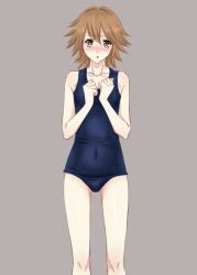 1boy alternate_version_available blush blushing canon_crossdressing crossdressing danganronpa danganronpa:_trigger_happy_havoc danganronpa_1 femboy fujisaki_chihiro looking_at_viewer one-piece_swimsuit smooth_skin solo swimsuit totchi