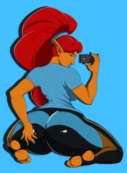 ass ass_grab blackcowledbat blue_lipstick breath_of_the_wild dark-skinned_female feet gerudo gym_clothes latex long_hair looking_back nintendo phone red_hair sitting the_legend_of_zelda urbosa yoga_pants