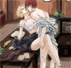 1boy1girl barefoot big_sister blonde_hair breasts brother_and_sister cleavage desk fuyu-hanabi gaara implied_penetration implied_sex incest indoors lipstick little_brother long_hair makeup male/female naruto naruto_(series) naruto_shippuden office older_female older_sister quad_tails red_hair shirt short_hair siblings skirt standing sweat sweating sweaty table temari tied_hair younger_brother younger_male