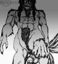 abs anthro balls biceps claws digital_media_(artwork) equid equid_taur erection feral first_person_view fur garasan genitals humanoid_taur loxchi male male_only mammal mammal_taur monochrome multi_eye multi_tail muscular muscular_anthro muscular_male nipples pecs penis simple_background smile solo taur teeth