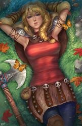 1girls armpits arms arms_behind_head arms_up astrid_hofferson axe blonde_hair blue_eyes braid braided_hair braids breasts butterfly curvaceous curvy curvy_body curvy_female curvy_figure dreamworks female female_only fully_clothed grass heroine hourglass_figure how_to_train_your_dragon light-skinned_female light_skin lying lying_down lying_on_back lying_on_ground nopeys outdoors outline outside red_clothing red_shirt shaved_armpit skirt skull skulls solo solo_female solo_focus sparks tight_clothing tight_fit viking voluptuous