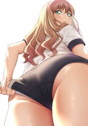 1girls ass ass_focus big_ass big_butt blonde_hair bloomers blush buruma butt eye_contact female female_only green_eyes gym_uniform long_hair looking_at_viewer looking_down low-angle_view mibushiro minami_yume solo solo_female ssss.dynazenon standing thick_thighs thighs