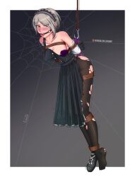 ball_gag blush bra breasts danganronpa danganronpa_v3 embarrassed gag gagged hanging_wedgie large_breasts lepsaart smooth_skin torn_clothes toujou_kirumi wedgie