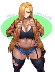 1girls abs big_breasts blonde_hair breasts eye_contact female female_only gamjasssak legwear long_hair looking_at_viewer minishorts mole mole_on_breast mole_on_thigh muscular muscular_female original ripped_clothing shorts solo solo_female thick_thighs thighhighs thighs wide_hips