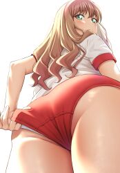 1girls ass ass_focus big_ass big_butt blonde_hair bloomers blush buruma butt eye_contact female female_only green_eyes gym_uniform long_hair looking_at_viewer looking_down low-angle_view mibushiro minami_yume solo solo_female ssss.dynazenon standing thick_thighs thighs