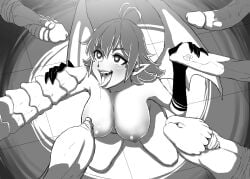 big_breasts black_and_white blowbang breasts demon demon_girl fow-chan group handjob heart heart-shaped_pupils monster monster_cock naked nipples nude nude_female on_knees open_mouth orpice_kun short_hair stroking_cock stroking_penis subverse succubus tongue tongue_out wings