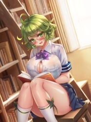 big_breasts clara_(project_qt) game_cg glasses green_eyes green_hair nutaku official_art project_qt pure_clara_(project_qt) shy