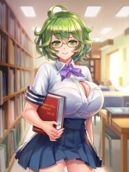 big_breasts clara_(project_qt) game_cg glasses green_eyes green_hair nutaku official_art project_qt pure_clara_(project_qt) shy