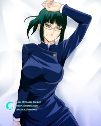 big_breasts bodypillow dakimakura dark_green_hair fanart female glasses jujutsu_kaisen looking_at_viewer mitgard-knight solo zenin_maki