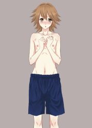 1boy alternate_version_available blush blushing blushing_at_viewer brown_hair danganronpa danganronpa:_trigger_happy_havoc danganronpa_1 fujisaki_chihiro looking_at_viewer male_only navel nipples smooth_skin solo swimming_trunks topless topless_femboy topless_male totchi