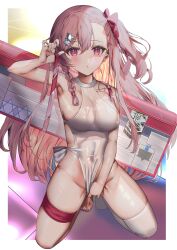 :o armpits backpack bag bangs bare_arms bare_hips barefoot blush bow braid breasts clothed_masturbation collarbone covered_navel female female_masturbation fingering fingernails framed fujisaki_eru girls'_frontline groin hair_between_eyes hair_ornament hairbow hairclip hand_on_own_crotch hexagram highleg highleg_swimsuit highres holding holding_strap large_breasts long_hair looking_at_viewer masturbation negev_(girls'_frontline) negev_(girls_frontline) pink_eyes pink_hair red_bow side-tie_swimsuit side_ponytail single_thighhigh solo squatting star_(symbol) star_hair_ornament star_of_david swimsuit thigh_strap thighhighs thighs toenails toes visible_ears weapon_bag wet wet_clothes wet_swimsuit white_one-piece_swimsuit
