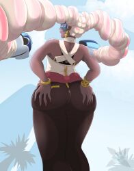 1girls angelxmikey arms_(game) ass ass_grab bare_shoulders bubble_butt dark-skinned_female female female_only huge_ass legs looking_at_viewer looking_back pants rear_view sabling solo spread_ass thighs tight_pants twintails twintelle