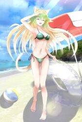 1girls atalanta_(fate) beach beach_ball beach_umbrella bikini fate/apocrypha fate/grand_order fate_(series) happy kemonomimi tagme