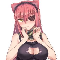 1girls animal_ears bare_arms bare_shoulders black_bra blush bra breast_squeeze breasts cat_cutout cat_ears cat_lingerie cleavage cleavage_cutout clothing_cutout colored_stripes cz2128_delta eyebrows eyepatch eyes_visible_through_hair frilled_bra frills green_scarf hair_between_eyes hairband head_tilt long_hair looking_at_viewer medium_breasts meme_attire open_mouth overlord_(maruyama) red_hair scarf solo striped striped_scarf tsurime underwear upper_body vertical_stripes voeh! yellow_eyes