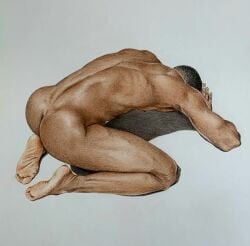 african african_male ass back_muscles brad_welch_art butt colored_pencil_(artwork) colored_sketch feet fetal_position male male_only melanin muscles muscular muscular_male nude pencil_(artwork) sketch