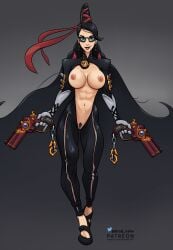 1girls bayonetta bayonetta_(character) brad_nsfw breasts casual catsuit eyewear female female_only firearm footwear glasses gun handgun human long_hair pale_skin patreon_reward self_upload solo solo_female weapon witch