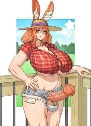 1futa animal_ears animal_genitalia animal_genitalia_on_humanoid balls balls_in_panties booty_shorts breasts bunny_ears bunny_girl clothed erection farm farmer freckles futa_focus futa_only futanari hat horsecock horsecock_on_humanoid huge_breasts huge_cock humanoid kemonomimi light-skinned_futanari light_skin mostly_clothed open_clothes open_pants orange_hair panties penis plaid shorts solo standing sulcate testicles underboob venus_body wide_hips