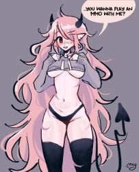 1girls black_panties blush elf_ears female female_only freckles hoodie horns june_(megrocks) light_skin long_hair long_sleeves megrocks midriff mob_face original original_character panties pink_hair pointy_ears revealing_clothes stomach succubus succubus_horns succubus_tail tagme tail text text_bubble thighhighs thighs underboob wholesome