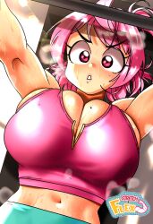 1girls alternate_version_available belly_button big_breasts breasts cleavage exercise female female_focus female_only huge_breasts lifting_weights mole_on_breast original original_character pink_eyes pink_hair ruby_(sasatseng) sasatseng sports_bra stomach working_out workout_clothes yoga_pants