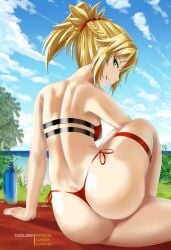 1girls 2022 ass back back_view bikini_top blonde_hair breasts fate/grand_order fate_(series) female female_only fuzzlogik green_eyes grin large_ass light-skinned_female light_skin mordred_(fate) ponytail red_bikini slim_waist small_breasts smile thick_thighs thighs tied_hair tomboy