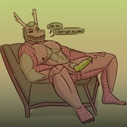 absurd_res anthro armored_body bodily_fluids demon dialogue dzel_(artist) elemental_creature erection flora_fauna genital_fluids hi_res horn knot large_pecs looking_at_viewer magna_(dzel) male male/male moss muscular plant precum presenting sitting solo spread_legs spreading terra_(dzel)