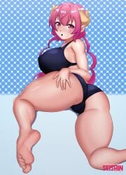 1girls ass big_ass big_breasts big_butt breasts eye_contact feet female female_only horns ilulu_(dragon_maid) looking_at_viewer miss_kobayashi's_dragon_maid monster_girl red_eyes red_hair seishinashi solo solo_female swimsuit thick_thighs thighs