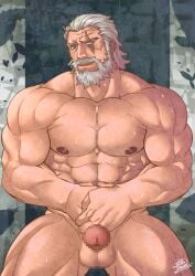 1boy abs bara beard biceps censored commission completely_nude erection facial_hair feet_out_of_frame flexing large_pectorals male_focus male_only mature_male mosaic_censoring moustache muscular muscular_male nipples nude old old_man onionworkshop overwatch pectorals penis pose reinhardt reinhardt_(overwatch) scar scar_across_eye short_hair smile solo standing stomach sweat thick_thighs thighs white_hair